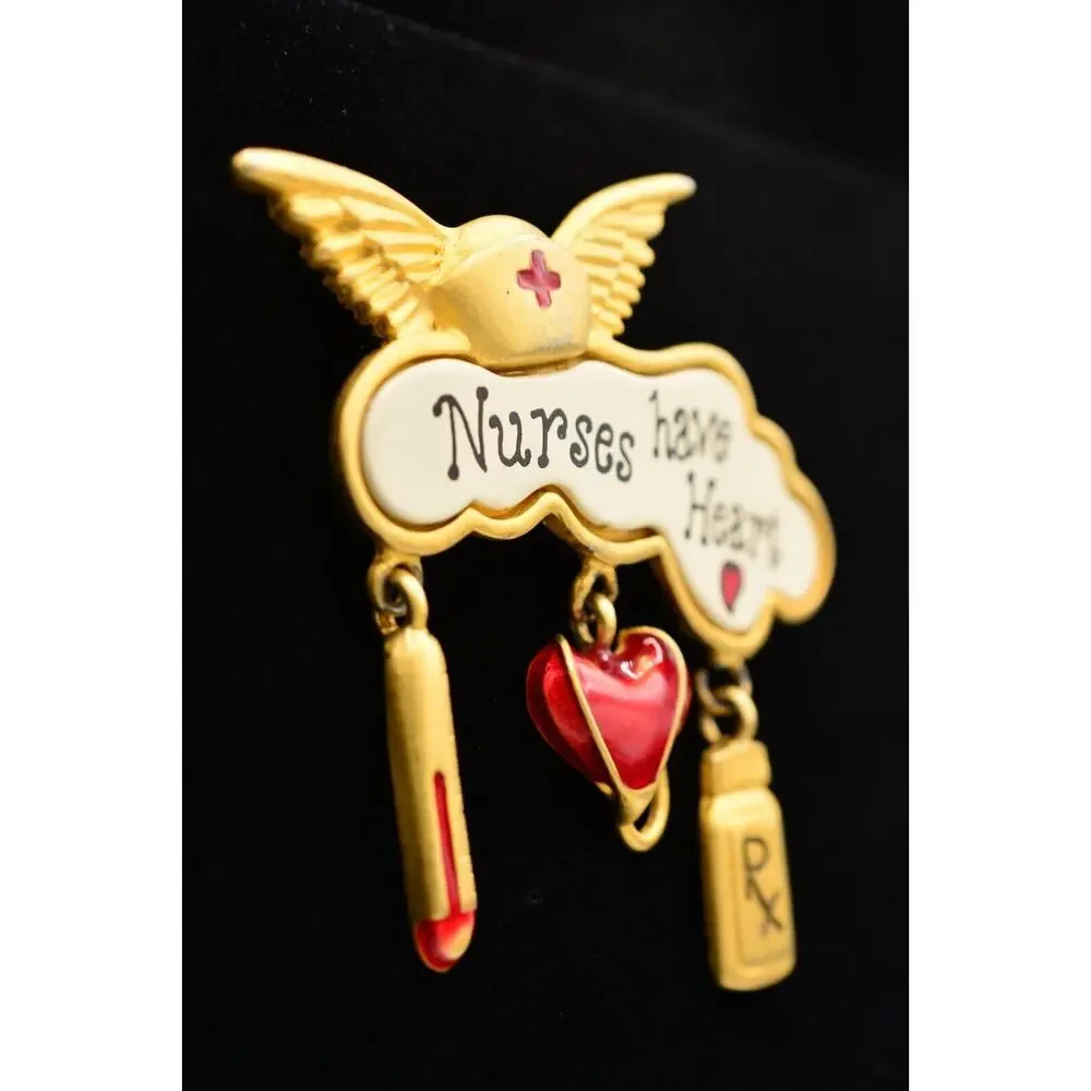 Tara Vintage Nurse Pin Brooch Gold Charms Nurses Have Heart Angel Signed BinAL